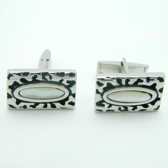 Mother of Pearl Silver Tone Textured Cufflinks Set - Picture 1 of 6